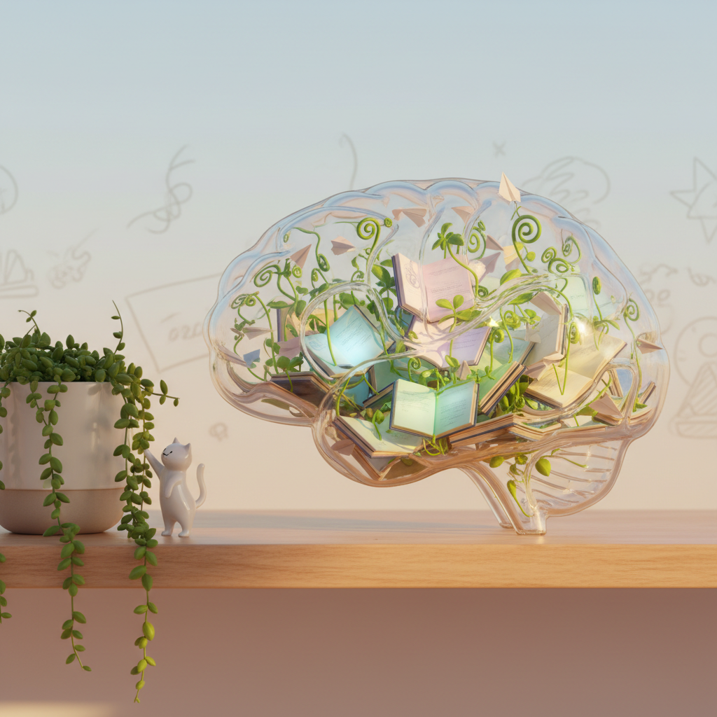 An imaginative digital-art brain-shaped glass terrarium filled with miniature, glowing notebooks, tiny paper airplanes, and sprouting green plants, symbolizing growing thoughts and reflections. The terrarium rests on a clean, light wooden shelf beside a minimalist ceramic pot with trailing greenery and a tiny animated cat figurine batting at a dangling leaf. Soft golden hour light streams from the right, casting warm highlights on the glass curves and gentle reflections on the shelf. The background is a subtle gradient wall with faint, abstract doodles evoking ideas. Captured at eye level with a centered composition and crisp focus, the atmosphere is introspective yet playful, visualizing the mind as a flourishing garden of weekly thoughts.