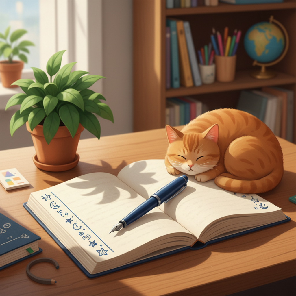 A cozy digital-art desk scene featuring an open journal with thick, slightly textured cream pages, a playful doodled margin, and a smooth fountain pen resting diagonally across the center spread. The journal lies on a warm wooden surface surrounded by a small potted plant with vibrant green leaves and a curled-up animated-style cat figure dozing beside it. Soft morning light from an unseen window washes in from the left, casting gentle, elongated shadows and subtle highlights on the ink. The background fades into a softly blurred bookshelf and scattered stationery, creating a sense of depth. Shot from a slightly elevated angle, rule-of-thirds composition, with a calm yet playful atmosphere that invites weekly reflection and personal journaling.