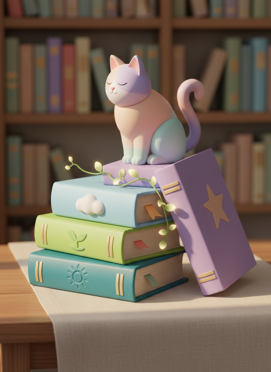 A whimsical digital-art scene of a stack of weekly journals, each notebook a different bright color with embossed symbols like a sun, a sprout, a cloud, and a star to represent moods and growth. The stack tilts slightly on a soft linen cloth over a wooden table, with a delicate vine of greenery weaving between the journals. A small animated cat, made of smooth, pastel shapes, lounges on the top notebook, tail curled like a question mark. Gentle late-afternoon window light casts soft shadows and warm highlights, creating a cozy, reflective mood. Shot from a low, three-quarter angle for depth, with a softly blurred background of shelves and an archive-style row of more journals fading into the distance.